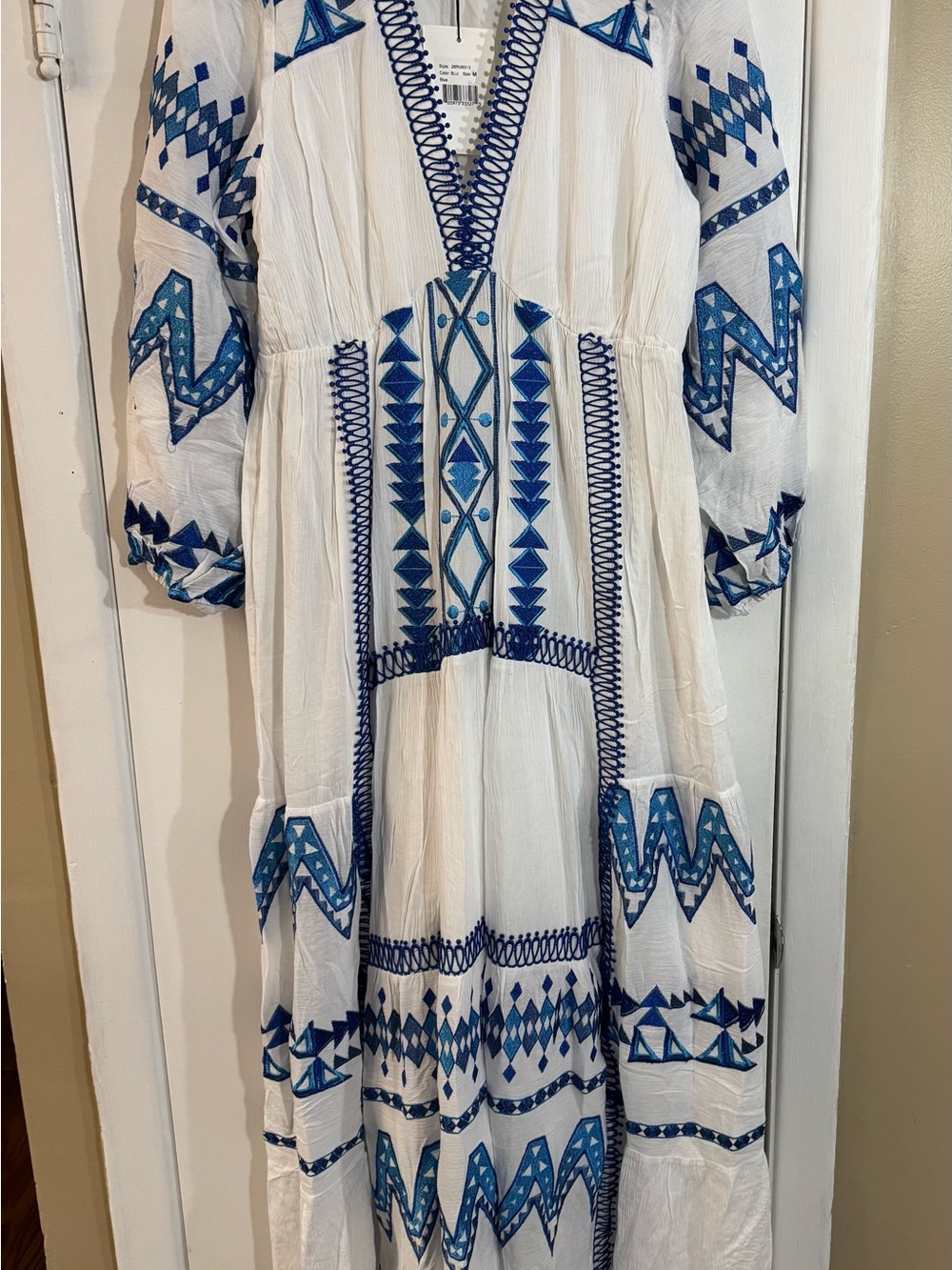 Hale Bob White Maxi Dress with Blue Embroidery